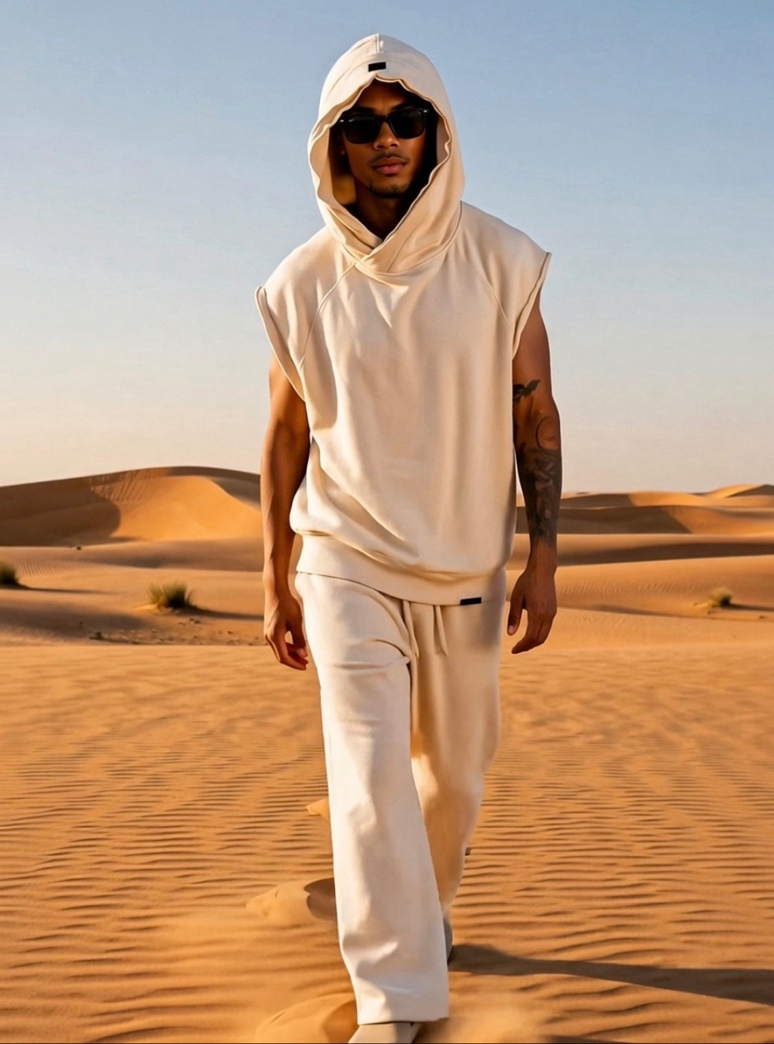 Dune Hoodie in cream, worn